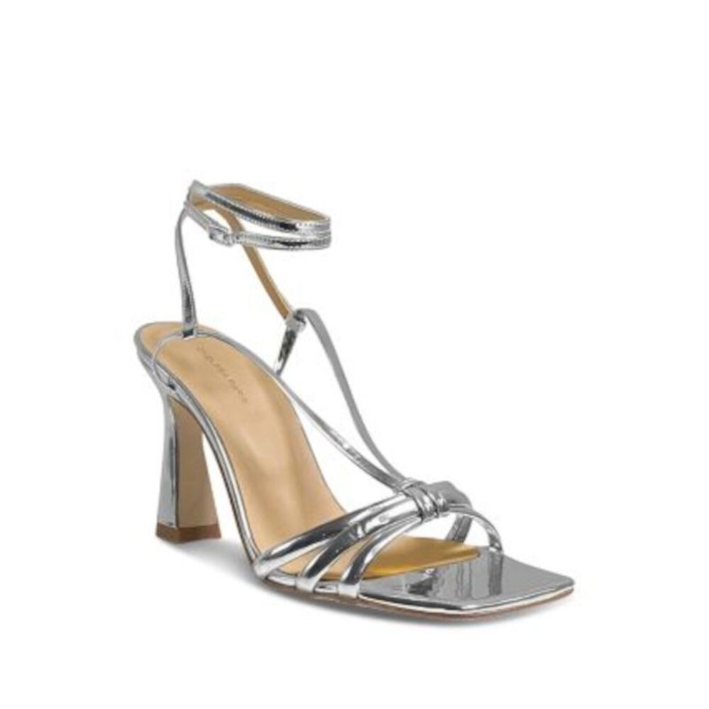 CHELSEA PARIS Womens Silver Remy Square Toe Flare Leather Heeled Sandal 40